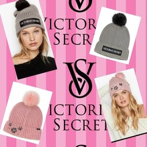 ❄ 2 NEW VS WINTER HATS BEANIE PINK GREY POM POM